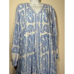 Vintage Ibiza Maxi Dress Blue White Block Print Tiered Resort Vacation Cotton M thumbnail 3