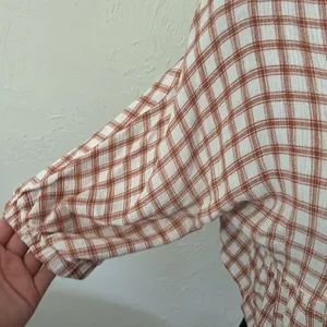 Newbury Kustom Plaid orange & white ruffle crop top w/ quarter sleeves & button down thumbnail 3