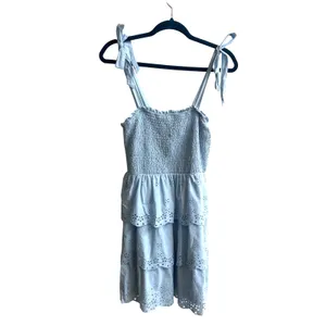American Eagle Mini Dress Womens‎ Medium Blue Cottagecore Eyelet Smocked Tiered thumbnail 3