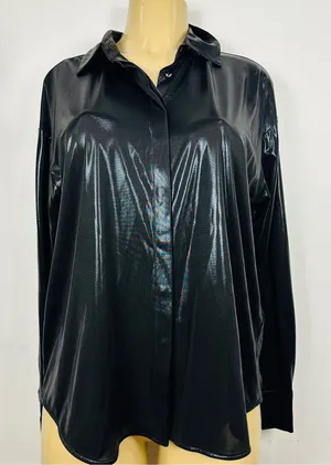 Anthropologie Metallic Liquid Blouse Sz M Black Long Sleeves thumbnail 1