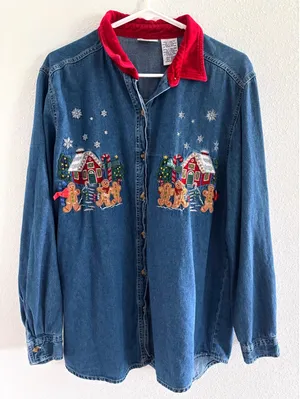 Vintage Bobbie Brooks Top Womens L Gingerbread Holiday Teacher Embroidered 90s thumbnail 1