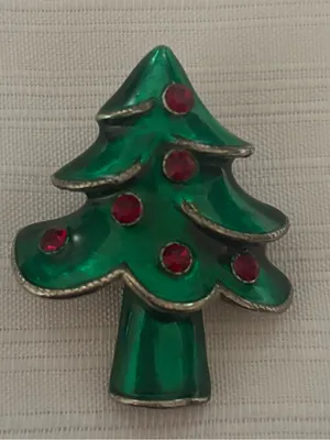 Emerald Enamel Christmas Tree Brooch with Red Stone Accents thumbnail 1