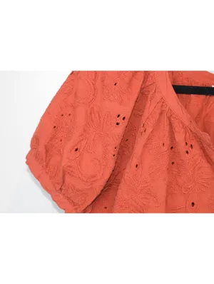 Rust Orange Eyelet Embroidered Puff Sleeve Button Front Blouse Boho Top 1X Size XL thumbnail 4