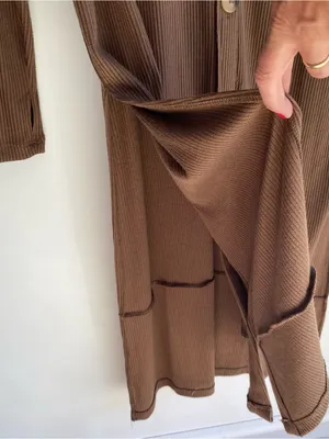 Zenana brown ribbed knit v-neck duster cardigan sweater fall transition M thumbnail 7