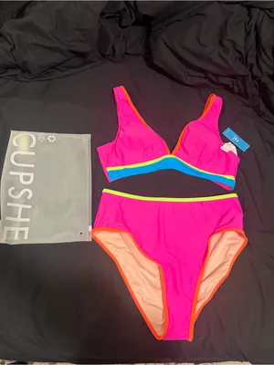 Cupshe Neon Colorblock Bikini Top and High Waisted Bottoms Size L NWT thumbnail 2