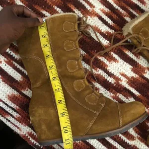Y2K Baddie Mcbling Bratz Brown Real Leather Suede Lace up Mid Calf Boots Hidden Wedge Faux Fur Lining - Size 8M #cyber #punk #goth #trendy #2000s #acubi #lolita Measurement in pics thumbnail 3