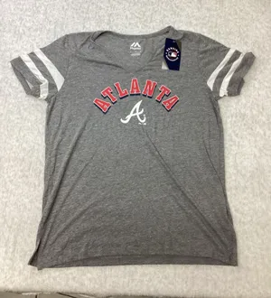 Majestic Atlanta Braves MLB‎ Womens Medium Gray V-Neck Graphic T-Shirt NWT thumbnail 1