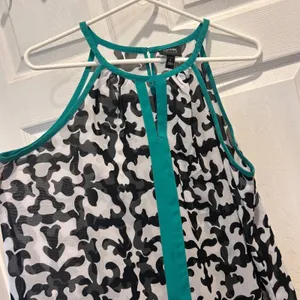Nicole by Nicole Miller Black White Teal Damask‎ Halter High Low Blouse Large thumbnail 2