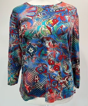Chico’s Bold Boho All Over Floral Print 3/4 Sleeve Top Whimsical Dopamine M-L thumbnail 1