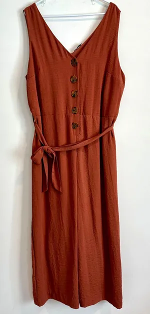 DEX Button Down Sleeveless Wide Leg Jumpsuit Women's 2X Rust Brown V-Neck Belted thumbnail 1