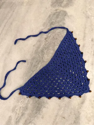 Handmade Crochet Wood Beaded Kerchief Head Scarf Cotton Boho Bandana Cottagecore thumbnail 2