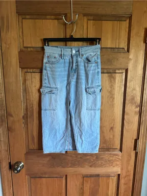 American Eagle Outfitters Light Wash Denim Midi Skirt with Front Slit thumbnail 4