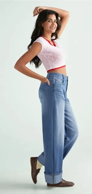 Halara Flex High Waisted Pockets Rolled Hem Wide Leg Washed Casual Jeans thumbnail 1
