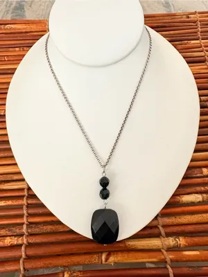 Origami Owl Black Faceted Drop Pendant on Silver-Tone Chain 24”-26” thumbnail 1