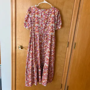 ModCloth Midi Dress Womens S Pink Orange Floral Tiered Cotton Puff Sleeve Pocket thumbnail 2