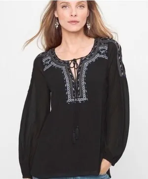 WHITE HOUSE BLACK MARKET 0 Black Embroidered Neck Tie Peasant Long Sleeve Top thumbnail 1
