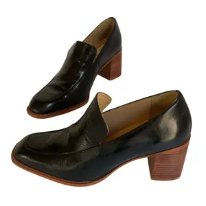 42 Gold Women’s Size 6 Black Leather Loafer Pumps Block Heel Slip On Shoes thumbnail 1