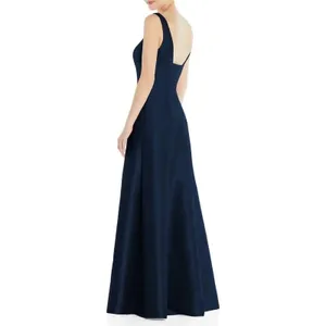 Alfred Sung Maxi Gown Women's 14R Navy Blue Square Neck Satin A-Line Sleeveless thumbnail 2