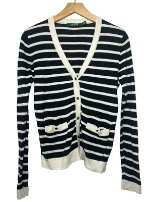 Ralph Lauren Black and White Striped V-Neck Cardigan thumbnail 1