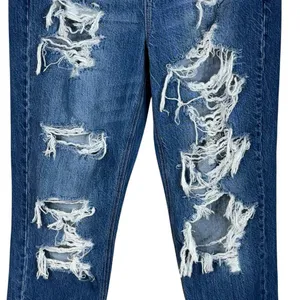 American Eagle SZ 4 Mom Jeans Hi-Rise Distressed Rips Zip-Fly Whiskered Blue thumbnail 3
