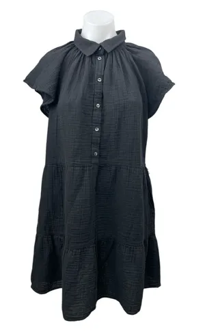 GAP Black Collared Flutter Sleeve Button Tiered Mini A-Line Shirt Dress Size L thumbnail 1