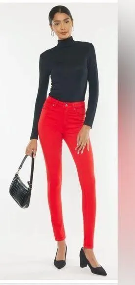 NWT KanCan High Rise Super Skinny Jeans in Christmas Red thumbnail 2