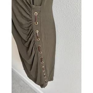 Carmen Marc Valvo‎ Olive Faux Leather Gold Grommets Wrap Dress Large thumbnail 4