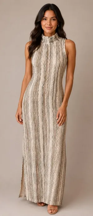 Skies Are Blue Crochet Mock Neck‎ Sleeveless Maxi Dress 96225 Beige XS NEW thumbnail 1