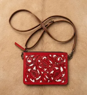 NEW Western Tooled Leather Crossbody Bag - Red & White thumbnail 1