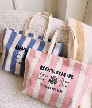 Sézane Blue Stripe Bonjour Amour Tour From Paris Canvas Tote thumbnail 1