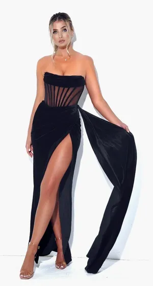 Miss Circle Priya Black Draping Corset High Slit Velvet Gown thumbnail 1