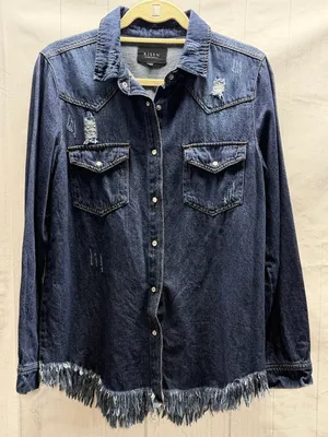 RISEN Dark Denim Distressed Snap Front Frayed Hem Jean Shirt Jacket Shacket thumbnail 1