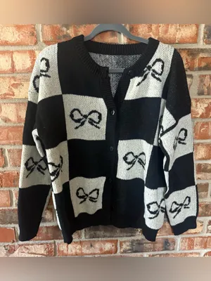 Amazon Black and White Bow-Print Cardigan Sweater thumbnail 3