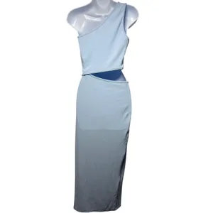 One Shoulder Cut Out Maxi Dress Small Light‎ Blue Ribbed Knit Slit thumbnail 2