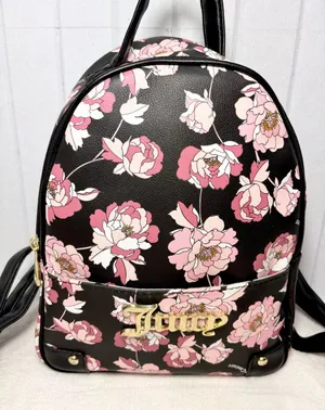 Juicy Couture‎ Black Floral Mini Backpack with Pink Blooms thumbnail 1