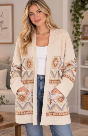 Magnolia Boutique Womens Size Small Cream Southwestern Open Front Cardigan Boho thumbnail 1