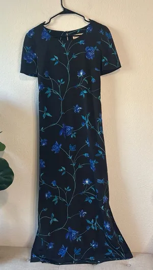 Expressions Black Maxi Dress with Blue Floral Print and tie back waist thumbnail 1