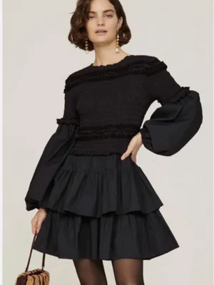 Ulla Johnson Black Smocked Tiered Ruffle Long Sleeve Nadia Dress Size 0 Women's thumbnail 2