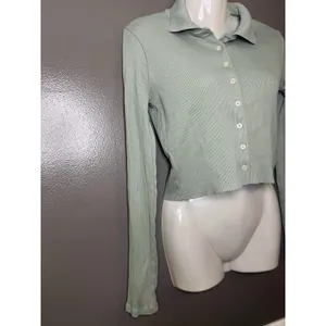 Brandy Melville Cardigan Sweater Womens Small Green Ribbed Button Front Cropped thumbnail 2