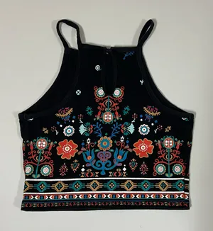 Kendall & Kylie Black Boho Bohemian Floral Print Square-Neck Halter Crop Top Shirt Blouse Tee Size XS 🌻✨ thumbnail 1