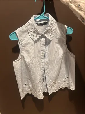 Zara Light Blue Striped Sleeveless Eyelet-Collar Button-Front Top thumbnail 1