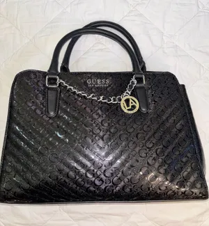 GUESS Black Glossy Monogram Satchel with Silver Chain Charm thumbnail 1