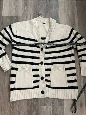 American Eagle Cardigan Womens Medium Ivory Black Striped Knit Shawl Collar thumbnail 10