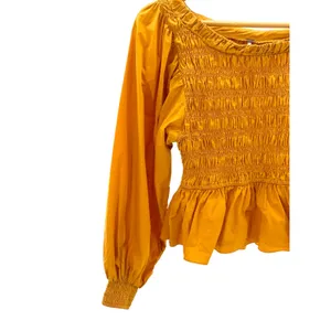 Free People Whoa Smocked Top M Mustard Yellow Poplin Puff Sleeve Peplum Blouse thumbnail 3