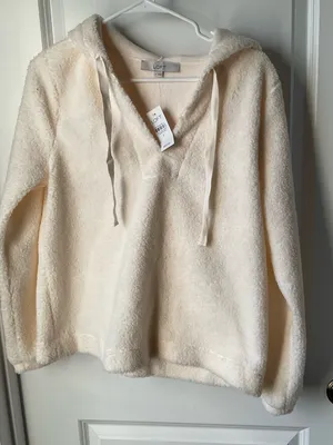 LOFT Cream Plush Fleece Hooded Sweater- NWT thumbnail 1