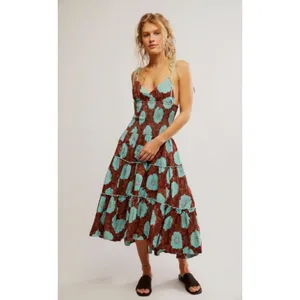 Free People Bohemian Beachy Hawaiian Adriel Midi Dress Brown Blue Floral Small thumbnail 12