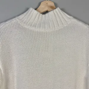 Cable-Knit Ivory‎ Mockneck Cotton Blend Fisherman Sweater Size M Neutral Minimal thumbnail 7
