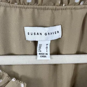 Susan Graver Tan White Polka Dot Sheer Chiffon Raglan Sleeve Peasant Top Medium thumbnail 3