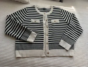 Adrianna Papell Black Ivory Striped Gold Button Cardigan Large thumbnail 1