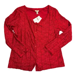 NWT J JILL Preppy‎ Scarlet Lace Overlay Button-Up Stretch Cardigan - large thumbnail 1